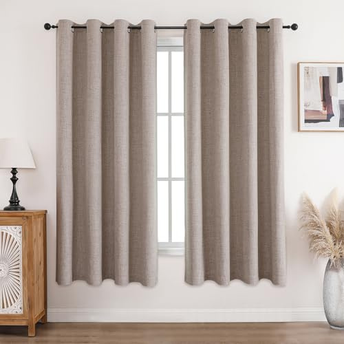CUCRAF 100% Blackout Curtains Linen 72 Inch Drop 2 Panels Soft Texture Sun Blocking Thermal Eyelet Curtains for Bedroom Living Room 52 X 72 Inch