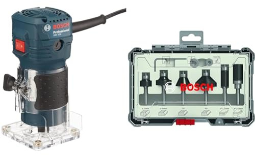 Bosch Professional Kantenfräse GKF 550 (inkl. Parallelanschlag, Rollenführung, Grau, 2x Schraubenschlüssel (17mm, 10 mm), im Karton) + 6tlg. Rand- und Kantenfräser Set (für Holz, für Oberfräsen)