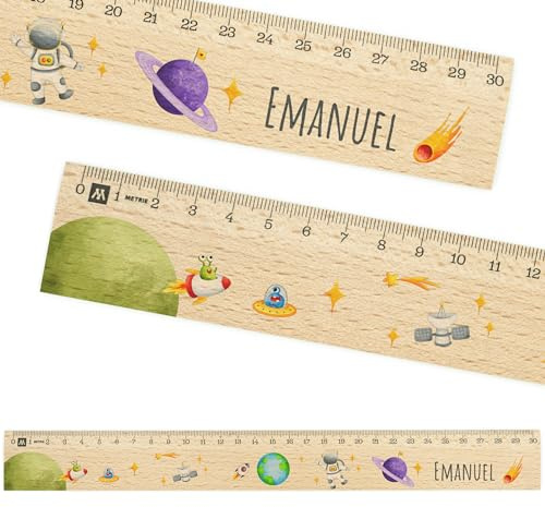 Lineal personalisiert für Kinder 30cm aus Holz mit Namen - Astronaut | UV-Druck, Geschenke für die Einschulung und Schulstart, Geschenkideen Schultüte, Schulbedarf Junge/Mädchen