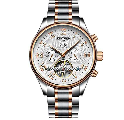 HFWXYSA Orologio Uomo Automatico Meccanico Acciaio Inossidabile Impermeabile Orologi Uomo Moda Casual Tourbillon Orologi Uomo da Polso,White Rose Gold