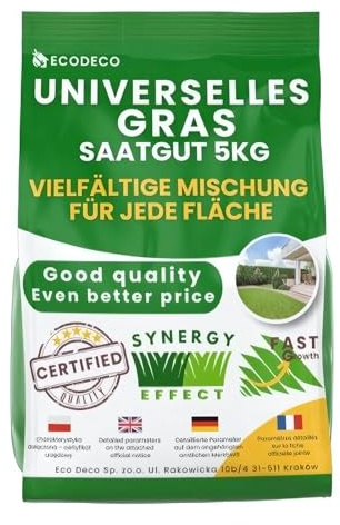 EcoDeco Rasensamen Schnellkeimend 5kg für 200 m² | Grassamen für Trockenrasen und Schattenrasen - Trockenresistent Sport und Spielrasen - Ideal für Neuansaat und Nachsaat