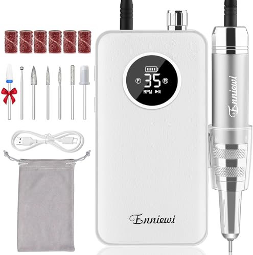 Enniewi Nagelfräser 35000RPM für Gelnägel, Wiederaufladbarer Elektrischer Nagelfräser mit LED-Anzeige, Tragbar, Geräuscharm, Professionelles Maniküre- und tragbares nagelfräser klein, 48W, Weiß