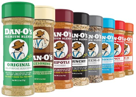 Dan-O’s Seasoning Variety Pack – 8 Bottle Set (Extra-Small Bottles) – Original, Spicy, Chipotle, Crunchy, Cheesoning, Preem-O, SEA-soning & Tac-O – All Purpose, Sugar Free, Zero Calorie Spice Set