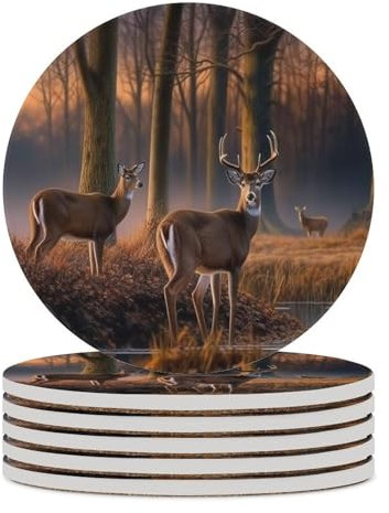 Keramik-Untersetzer, 6er-Set, Tischschutzmatte, Tisch-, Kaffeetassen-, Getränkeuntersetzer, saugfähig, rund, Keramik-Stein-Untersetzer mit Korkboden, Natur, Wildtiere, Hirsche, bedruckte Untersetzer