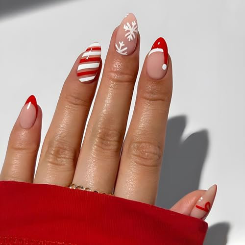Ceboic 24 Stück Weihnachten French Press on Nails Kurz, Mandel Nägel Zum Aufkleben, Rot Weiß Streifen Künstliche Nägel mit Weihnachtsmütze & Schleife Design, Acryl Full Cover Kunstnägel für Frauen