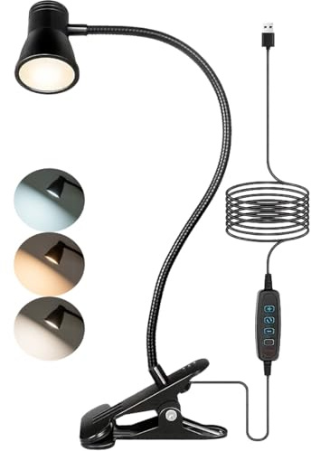 USB LED Desk Lamp Clip On Light, 3 Light Mode 10 Dimmable Brightness Eye Care Adjustable for Reading Studying Working Video Conference Lighting for Desks, Beds, Shelves (Black)