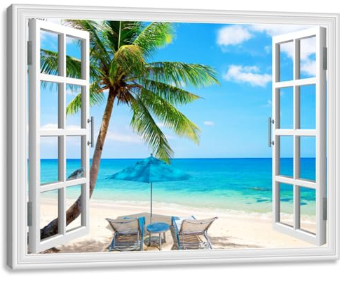 Leinwandbild mit Palme für Fenster, Strand, gefälschte offene Fensterszene, Druck mit gerahmten blaugrünen Ozeanbildern für Heimdekoration, 91,4 x 61 cm