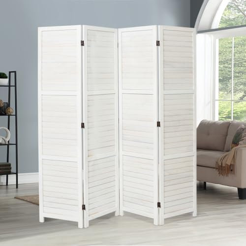 Warmiehomy Room Dividers Free Standing 4 Panel Folding Screens and Room Dividers 160CM x 170CM False Louvers Privacy Screen Partition for Home Living Room Bedroom Office Lobby, White