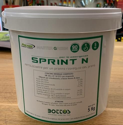 Bottos, Concime Fertilizzante granulare per tappeti erbosi Sprint N 5 kg, Azoto a cessione programmata per l'immediato effetto di rinverdimento. Barattolo kg 5