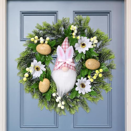 JOYWU Easter Eggs Wreath,45cm Easter Wreath with Colored Eggs,Leaves and Flowers,Artificial Mixed Twigs Spring Wreath,DIY Grapevine Easter Door Wreath,Easter Hanging Ornaments for Door,Walls (gnome)