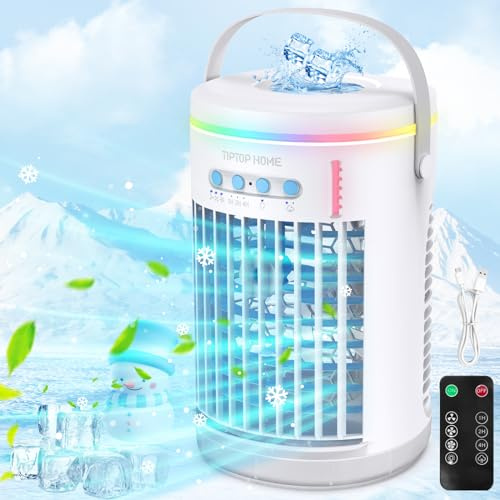 Mini climatiseur portable silencieux 5 en 1 Climatiseur évaporatif, refroidisseur d'air, 3 vitesses, 2 modes de pulvérisation, LED de 7 couleurs, 1 400 ml