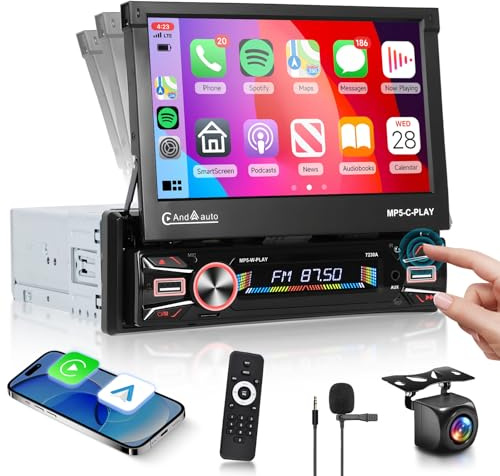 【2+64G】Hodozzy Wireless Carplay Autoradio Android 1 Din con Schermo Retrattile Automatico da 7 Pollici, Autoradio Bluetooth con Android Auto RDS FM WIFI GPS EQ USB+Telecamera Posteriore