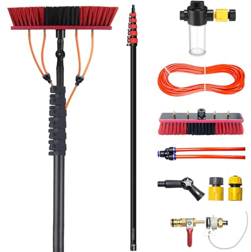 YFSMBD Carbon Fiber Telescopic Brush - 10m - Extendable Water-Fed Cleaning Pole with Adjustable Angle & Soap Dispenser - Universal Hose Connector for Solar Panels, Windows, Roofs & Cars - 55cm Brush