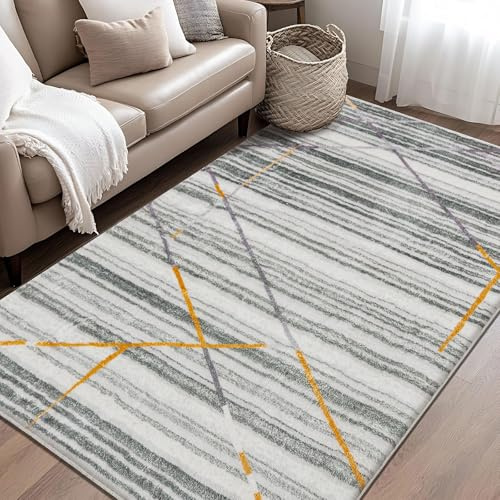 Leesentec Rugs Living Room Bedroom Rug Modern Short Pile Rugs Bohemian Carpet Abstract Geometric Straight Line Pattern Carpets Non-slip Large Rug (Grey/Striped Multi, 80 x 120 cm)