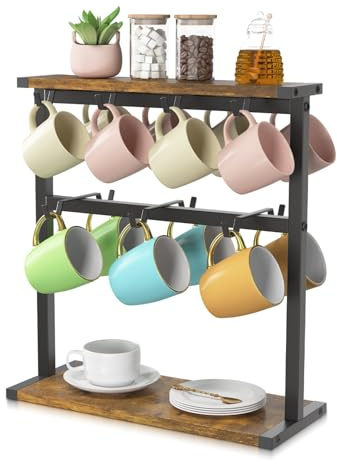 EsLuker.ly Coffee Mug Holder Cup Tree Rack for Countertop, 2 Tier Rustic Wood Coffee Bar Station Organizer Narrow Display Stand for Kitchen Office, Hold 14 Mugs with Sturdy Base, Free Up Counter Space | 2 Tier Wood Station Organizer Narrow Display Stand for Kitchen Office, Hold 14 Mugs with Sturdy Base, Free Up Counter Space
