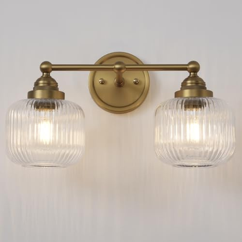 SongCiLT Vintage 2-Lights Clear Ribbed Glass Wall Sconce Lighting Brass Finished, Double Head Bathroom Vanity Light Fixture for Bedroom Living Room Dining Room Hallway