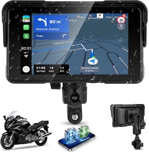 Pantalla CarPlay para Moto, Apple CarPlay y Android Auto Inalámbricos, Pantalla HD de 5 para Motocicleta, Impermeable IP68 con Bluetooth, Compatible con TPMS, Soporte Antirrobo Desmontable
