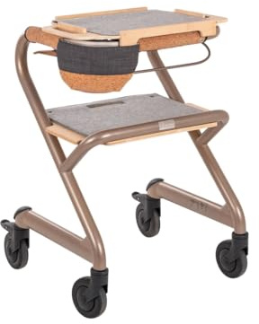 Saljol Wohnraumrollator in Vollausstattung, Helfer für den Wohnbereich mit Tablett und Sitz, Indoor Rollator, wendig, stabil, mobiler Handlauf, Sitzhöhe 56 cm, Champagne Gold