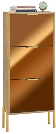 SoBuy Schuhschrank Schuhkipper – Schmaler Schuhschrank mit Spiegel und 3 Klappen, Platzsparender Flurschrank für Diele oder kleines Zimmer – Modernes Design, 55x24x124cm FSR181-H-G