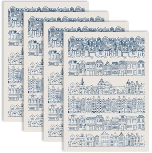 PRESSINART 4 Pieza de Calcomanías de Transferencia de Cerámica Papel de Transferencia de Papel de Transferencia de Línea Azul Patrón de Casa Calcomanías de Porcelana de Deslizamiento de Agua para
