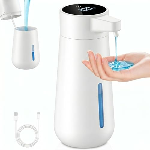 Automatischer Flüssigseifenspender, 450ml Großkapazität mit LED Anzeige, berührungsloser Infrarot Sensor, 1800mAh Akku, USB, 4 einstellbare Stufen, Weiß geeignet für Küche, Badezimmer und Spülmittel
