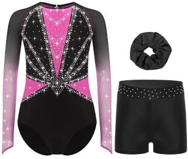 Yruioon 3Pcs Mädchen Turnanzug Glitzer Gymnastikanzug mit kurze Hose Haarband Langarm Gymnastik Leotard Wettbewerb Tanzkostüm