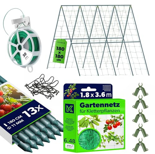 KADAX Set de Tuteur pour Concombres – 13 x Tuteur de 180 cm, Filet à Plantes 1,8 x 3,6 m, 5 x Connecteurs de Tuteur, 30 m de Fil de Jardin – Tuteur pour Concombres, Grille de Grimpe, Grille de