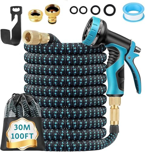 Tubo Estensibile da Giardino 30m/100ft, Pistola Acqua a 10 Modalità di Spruzzo,Tubo Estensibile da Giardino con Adattatori da 1/2 e 3/4, Tubo Per Acqua In Lattice A 3 Strati Resistente, (30M/100FT)