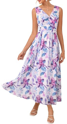 GRACE KARIN Summer Dresses for Women UK, Sleeveless V Neck Floral Wedding Guest Dress, Casual Swing Smocked Ruffle A Line Holiday Maxi Dresses