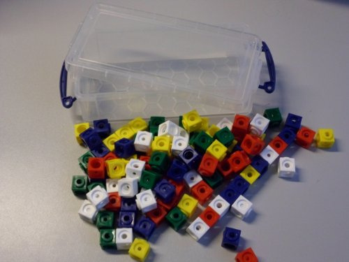 100 Steckwürfel 5-farbig (rot, gelb, grün, blau, weiß) in der praktischen Box, 1,7cm, allseitig steckbar