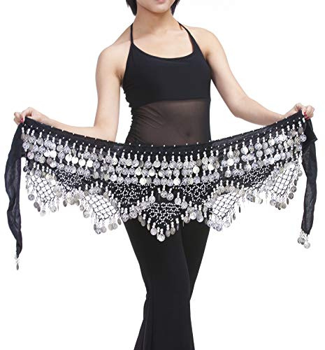 Saymequeen Belly Dancing Dance Waist Chain Hip Scarf Skirt Belt with 320 Coins (Black & Silver Coins)