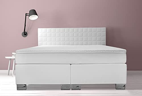 Boxspringbett Rom II 160x200 cm Kunstleder Weiß gestepptes Rückenteil Härtegrad Matratze Topper nach Wahl 160 x 200cm