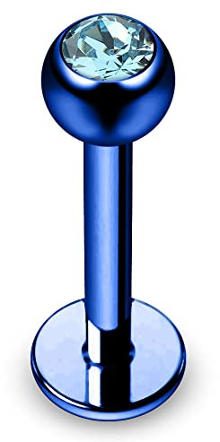 Monster Piercing Leichte Blaue Kristall Stein Ball mit 16 Gauge - 10MM Länge blau eloxiertem 316L chirurgischer Stahl Lippe Labret Tragus Piercing