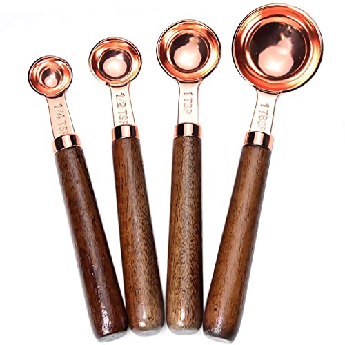 Goeielewe Juego de 4 cucharas medidoras de acero inoxidable chapadas en cobre con mango de madera de nogal para ingredientes secos y líquidos (1/4, 1/3, 1/2, 1 taza)