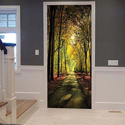 A.Monamour Adesivo Porta Autoadesiva Autunno Giallo Arancio Strada Forestale Raggio Di Sole Attraverso Alberi Scenario Vinile PVC Adesivi per Porte Interne 3D Pellicola Adesiva Poster Sticker Murale