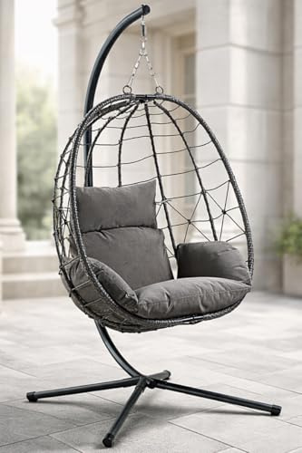 GardenCo Milan Folding Hanging Egg Chair INCLUDES WEATHERPROOF COVER - Outdoor and Indoor Rattan Weave Swing Chair Hammock - Hanging Chair (Grey with Grey Cushion)