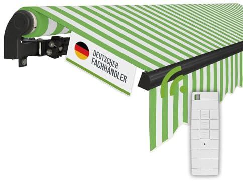 empasa Elektrische Gelenkarmmarkise 'Start Plus' Markise Sonnenmarkise | Sonnenschutz, komplett vormontiert, Verschiedene Größen und Farben, Farbe:grün/weiß, Größe:350 x 250 cm