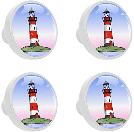4 Möbelknöpfe Aus Glas Leuchtturm Am Meer Schrankbeschläge Runde Knöpfe Weiße Küchenknöpfe Mode Schrankknöpfe Für Badezimmerschublade