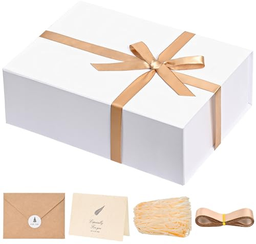 LIFELUM Weiße Geschenkbox, 35,2 x 21,2 x 11,3 cm, Geschenkbox für Brautjungfern, Antragsgeschenke für Hochzeit, mit Karte, Band, geschreddertem Papierfüller, Hemdboxen für Geschenke (1 Stück)