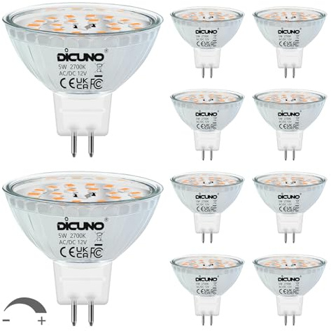 DiCUNO MR16 LED Bulbs Dimmable 12V, 5W=50W Warm White 2700K 440LM 10Pcs | GU5.3 Spotlight Bulb, 120° Beam Angle Bi-Pin Base Track Light
