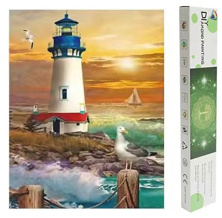 DCIDBEI Square Diamond Painting Eckige Steine 40x50 cm DIY 5D Diamant Malerei Aufkleber Gemälde Groß 5D Diamant Painting Full Groß Kristall Strass Stickerei Kreuzstich Perlen Bilder Leuchtturm Möwe