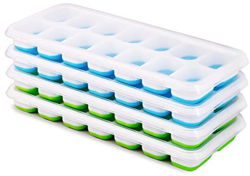 Cubitera Hielo Silicona, 4 Piezas Moldes para Cubitos de Hielo con Tapa | 14 Bandejas para Hielo para Congelarse Alimentos para Bebés, Agua, Cola, Cócteles, Whisky