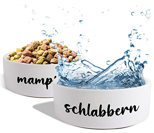 Hundenapf Keramik Doppelnapf Hund Katze: „Mampfen + Schlabbern“ | Napf-Set mit/ohne Ständer| Futternapf Fressnapf Trinknapf für große kleine mittelgroße Hunde Katzen Futterstation (2X 500ml)