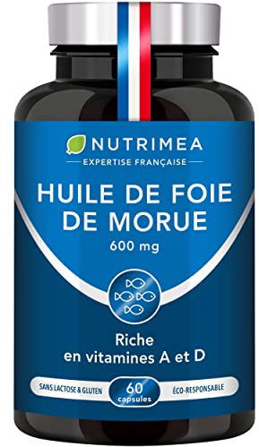 Huile de Foie de Morue - 600 mg - 100% des Besoins en Vitamines A et D - Immunité - Santé de la Peau - Capital Osseux - Qualité Premium - 60 Capsules - Nutrimea - Fabriqué en France