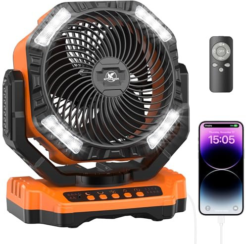 KITWLEMEN 40000mAh Battery Operated Portable Fan 13 inch Rechargeable Camping Fan with LED Light with Hanging Hook for Tent Travel Car Jobsite Outdoor Fishing