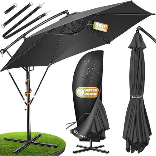 KESSER® Sonnenschirm Ø 350 cm, Ampelschirm mit Kurbel, für Balkon, Terrasse & Garten, Sonnenschutz, Gestell & Ständer aus Alu, UV-Schutz, wasserdicht + Windfest, 360° Funktion + Schutzhülle, Anthrazit