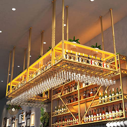 Lsoiup Rustic Wine Rack Adjustable LED Hanging Bar Wine Glass Rack Ceiling Glass Storage Rack for Different Types of Goblets, Suitable for Bar Coffee