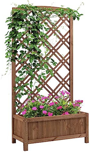 Outsunny Hochbeet Pflanzkasten Garten Blumenständer mit Rankgitter Blumenkasten Holz Rankkasten 60 x 30 x 122,5 cm Gelb