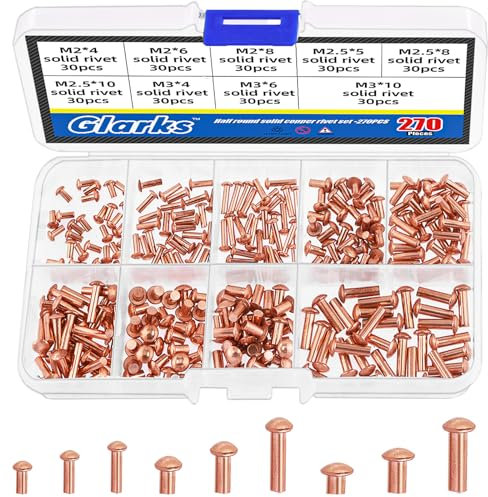 Glarks 270 rivetti solidi a testa tonda M2 M2.5 M3, 9 dimensioni metallo rame solido rivetti di fissaggio per applicazioni elettriche, forniture per la lavorazione della pelle
