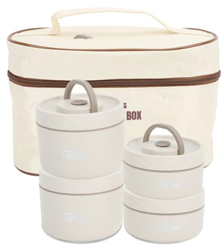 Tyenaza Boîte à Déjeuner Isotherme, Boîte à Bento Thermique Ronde Portable Multifonction Scellée En Acier Inoxydable Avec Sac Thermique Pour le Travail, la Récréation(4 Layer-Blanc cassé)